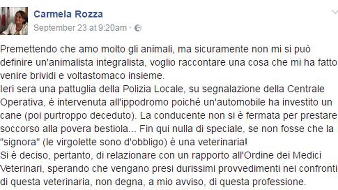 Il post di Carmela Rozza con cui condanna l'accaduto