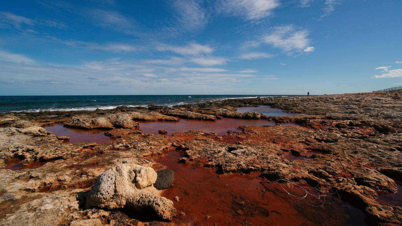 Tracce rosse su una scogliera della Penisola Magnisi, a sud del Golfo di Augusta. Polvere di pirite o particolato di origine vegetale?