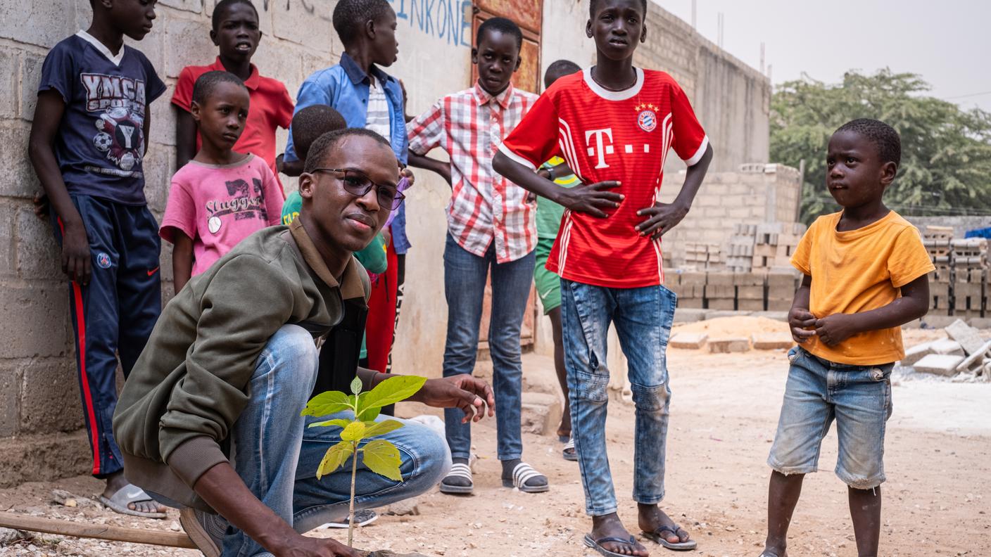 L’attivista ambientale Yero Sarr è intento a piantare un albero nella cittadina di Bargny alle porte della capitale senegalese, Dakar