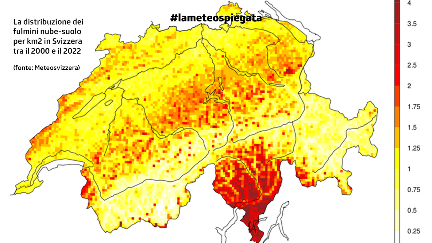 La distribuzione per km2 dei fulmini caduti in Svizzera dal 2000 al 2022