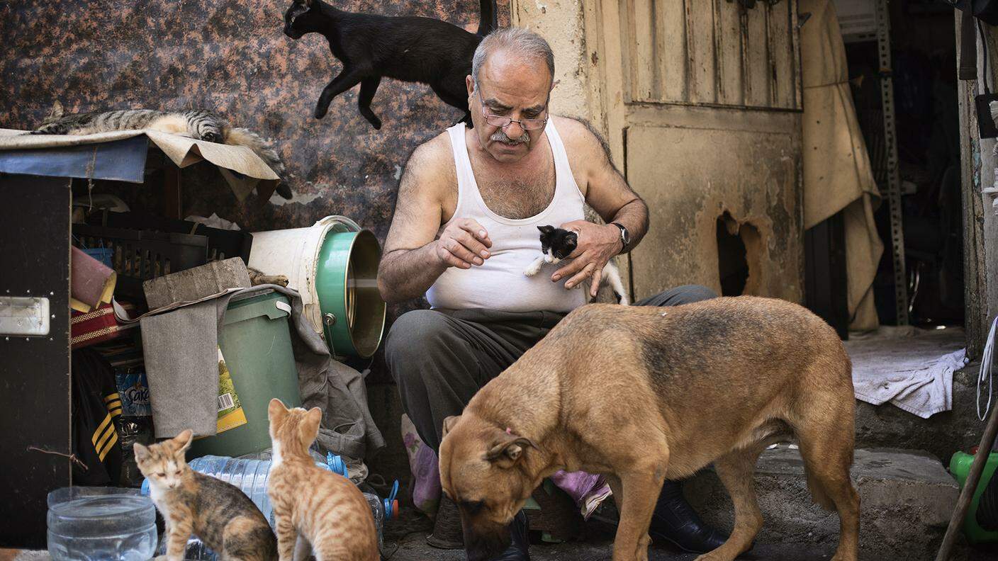 Ramazan Keleş davanti alla sua casanegozio insieme ad alcuni degli animali di cui si prende cura