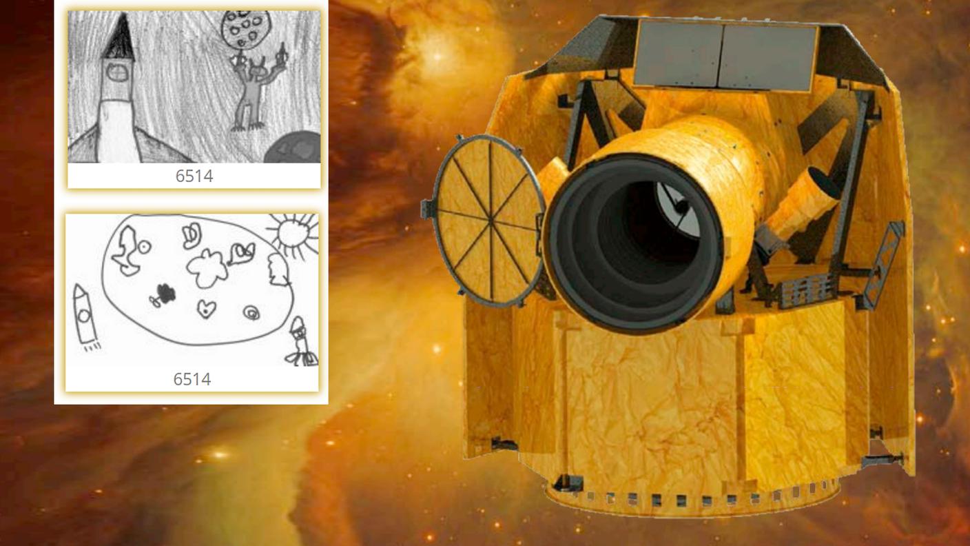 Il satellite CHEOPS con, a sinistra, i due disegni di Sementina