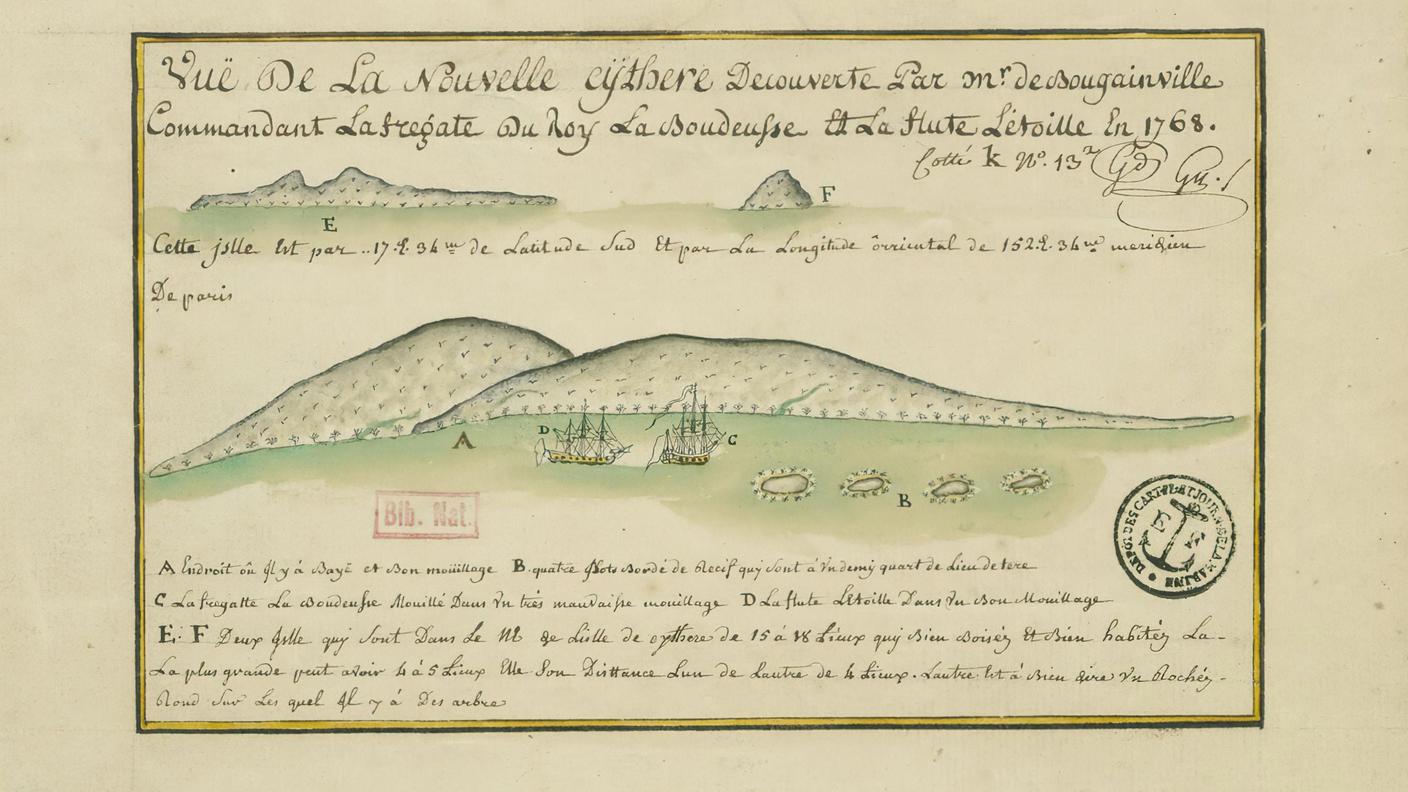 Acquarello rappresentante le due navi della spedizione di Bougainville, la fregata Boudeuse e la nave da carico Étoile, a Thaiti nel 1768