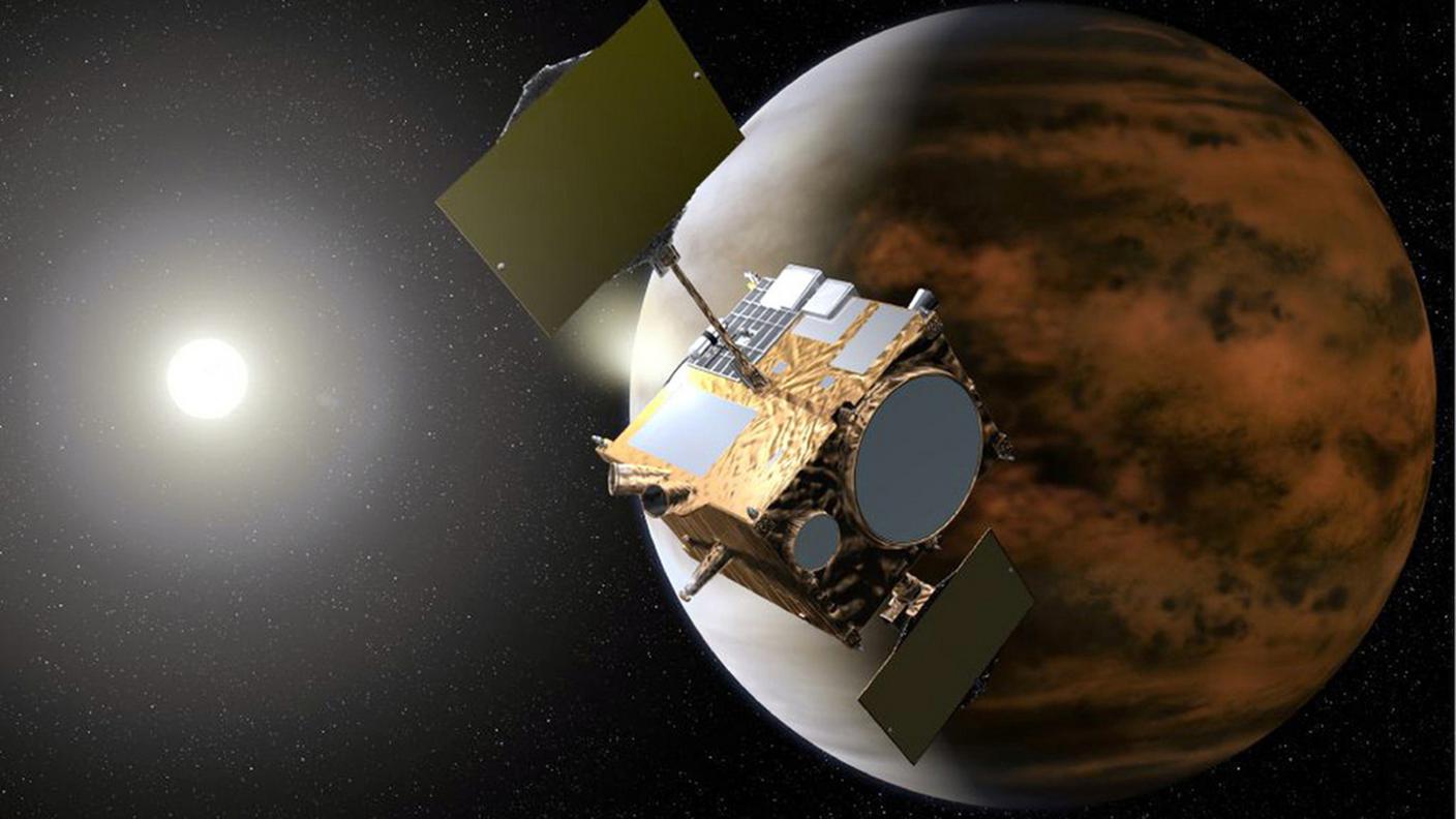 Un rendering con la sonda sullo sfondo di Venere