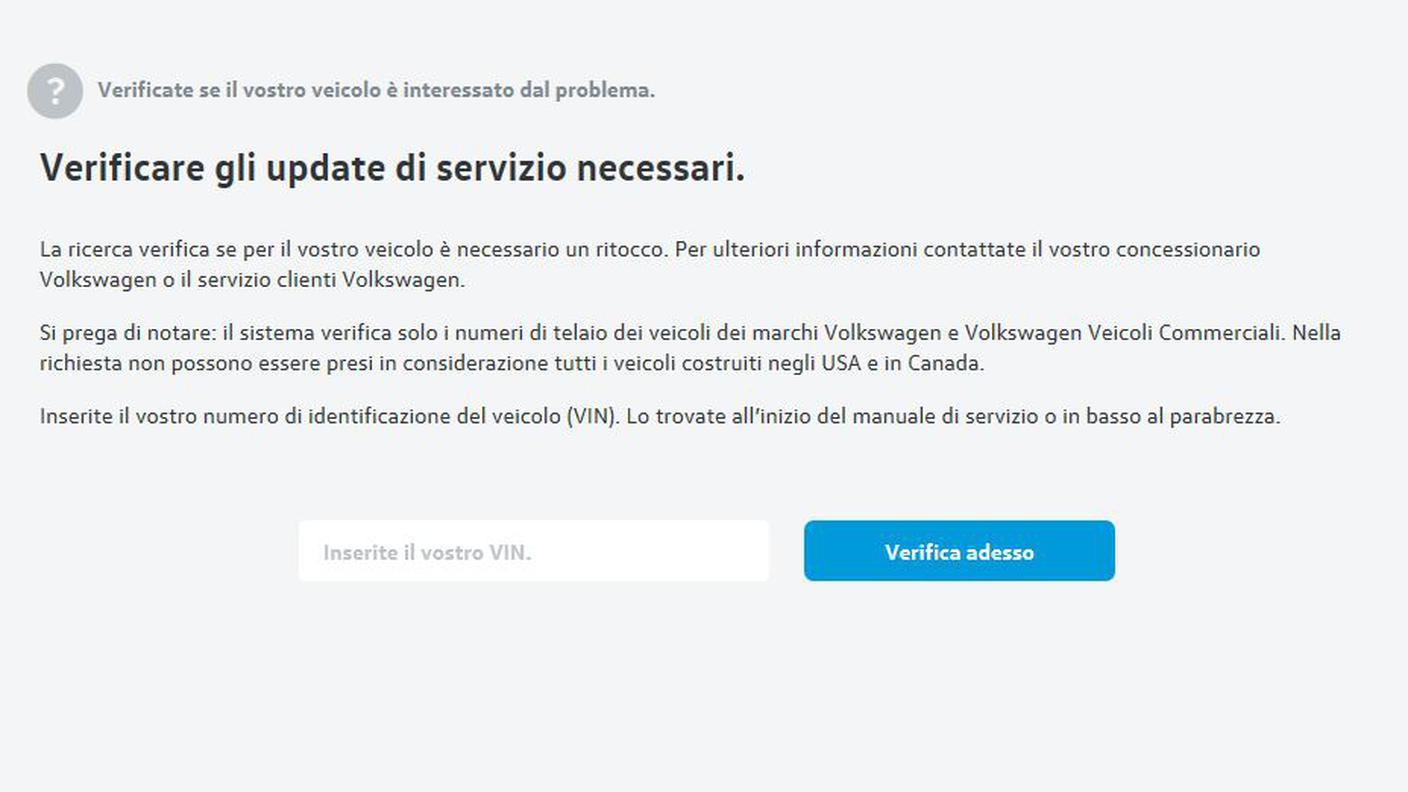 La schermata in cui è possibile inserire il numero di telaio