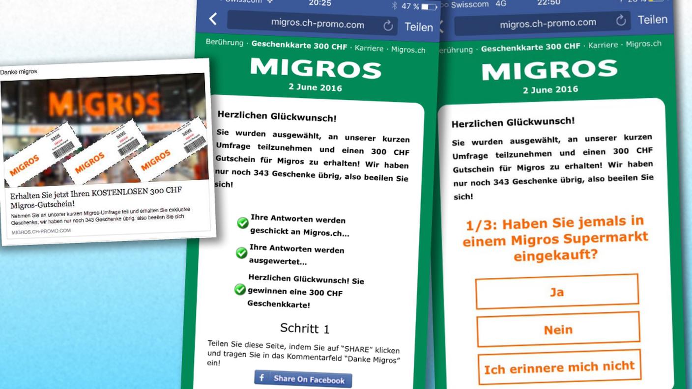 Un post invitante e un logo deformato su un sito sospetto, migros.ch-promo.com (ma ora l'indirizzo risponde 404)