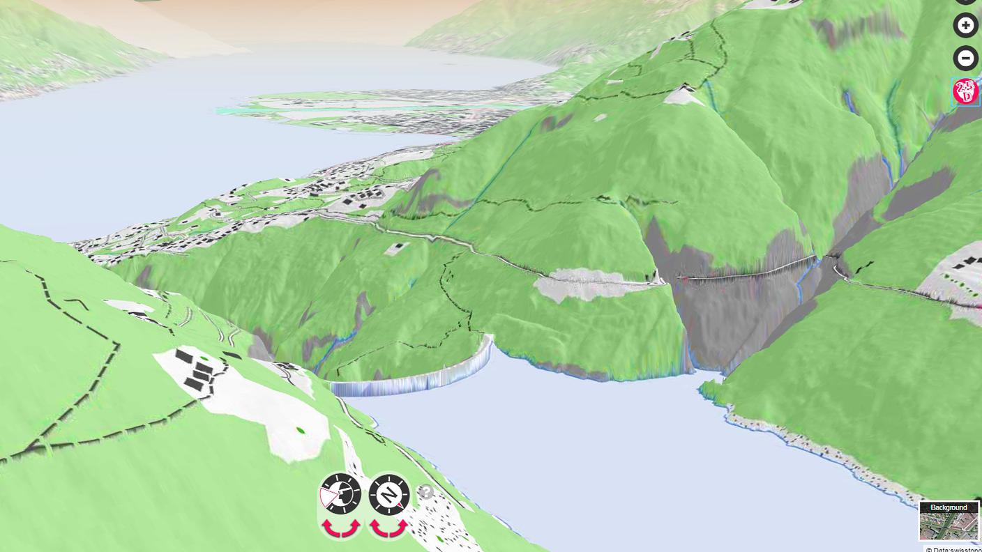 Il territorio è fruibile anche in 3D, con altissima precisione. Qui la diga della Verzasca; sullo sfondo, Locarno