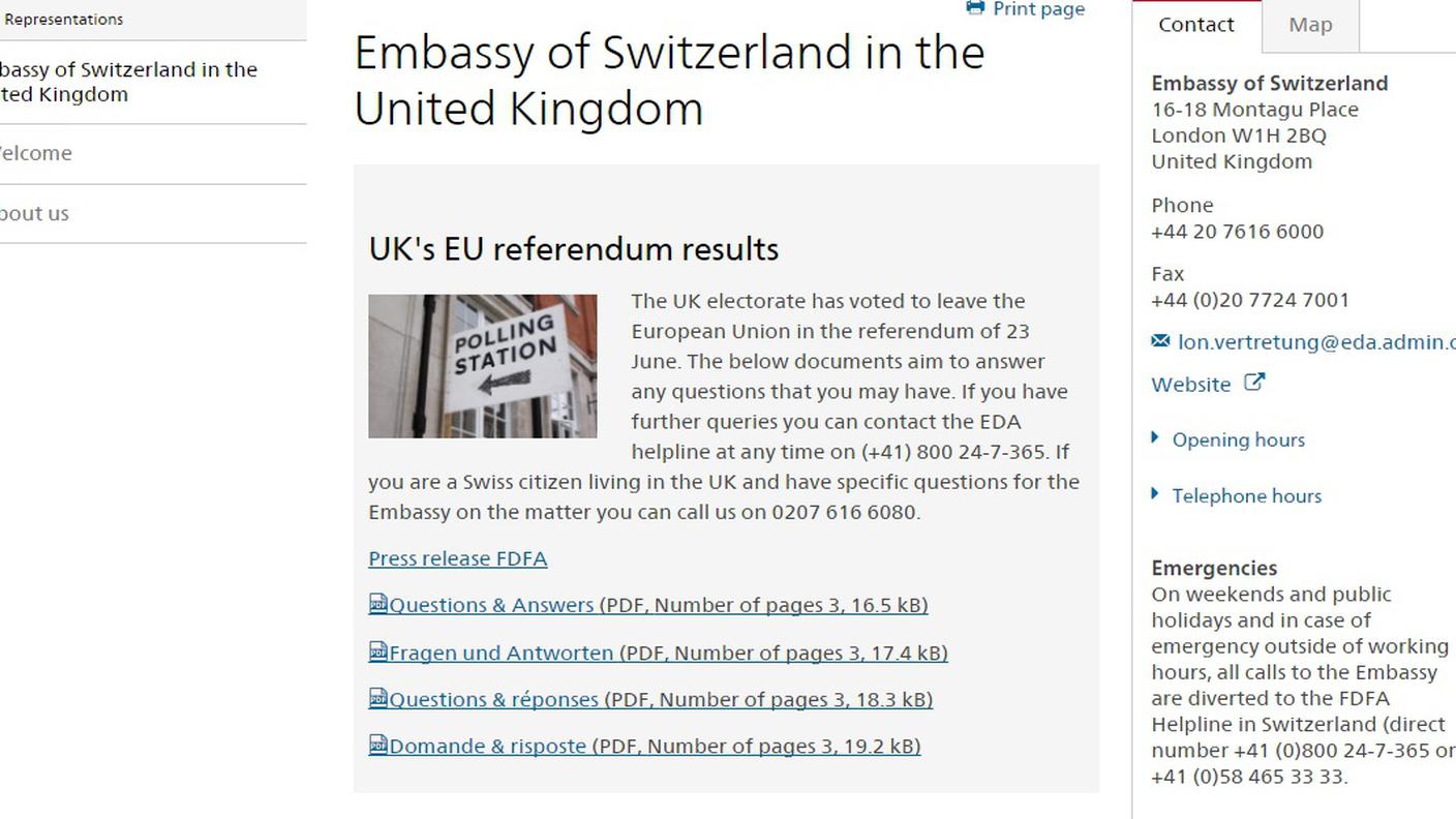Domande e risposte sulla pagina dell'ambasciata elvetica a Londra