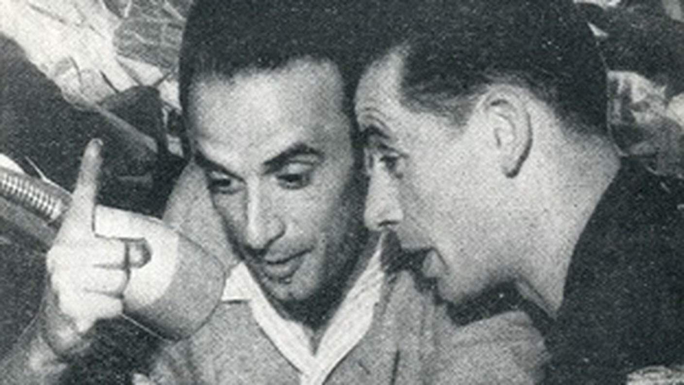 Da sinistra, Lohengrin Filipello e Sergio Maspoli, all'epoca della prima emissione della Catena della Solidarietà su Radio Monte Ceneri, nel 1947