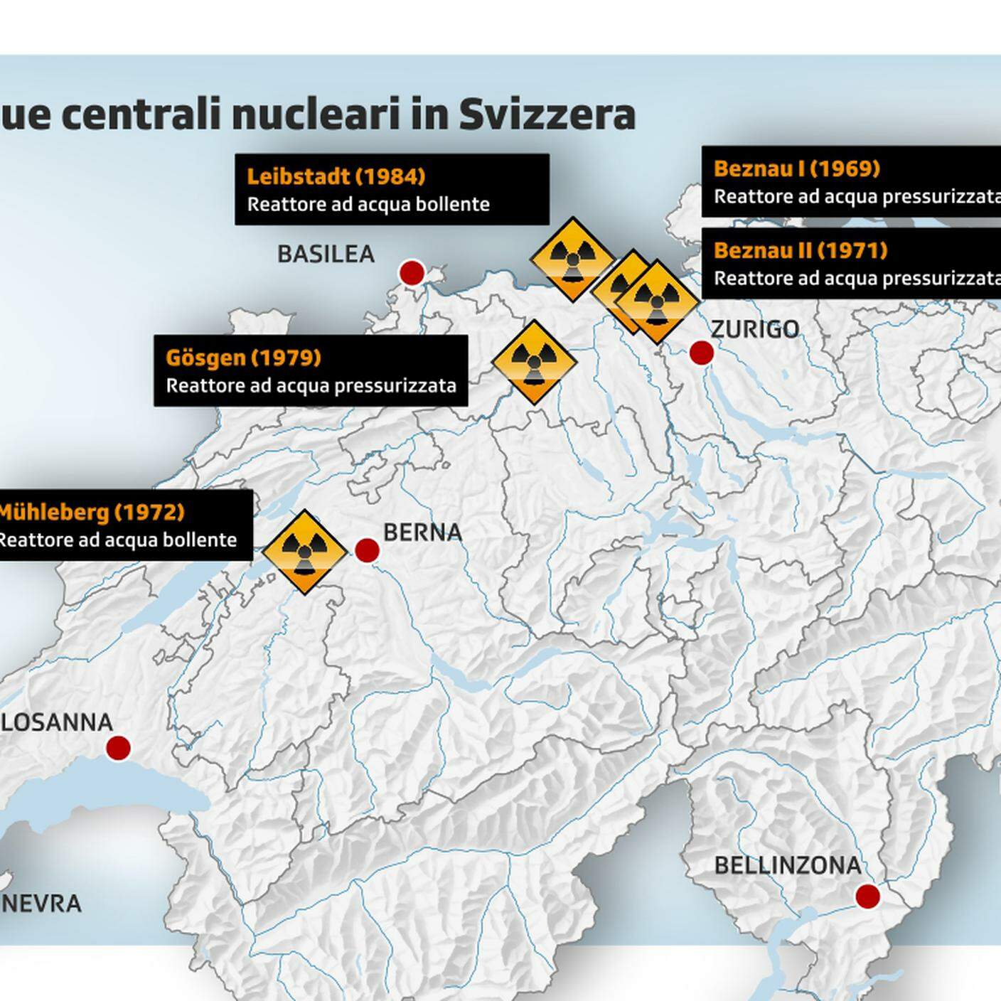 Dove si trovano le cinque centrali nucleari svizzere