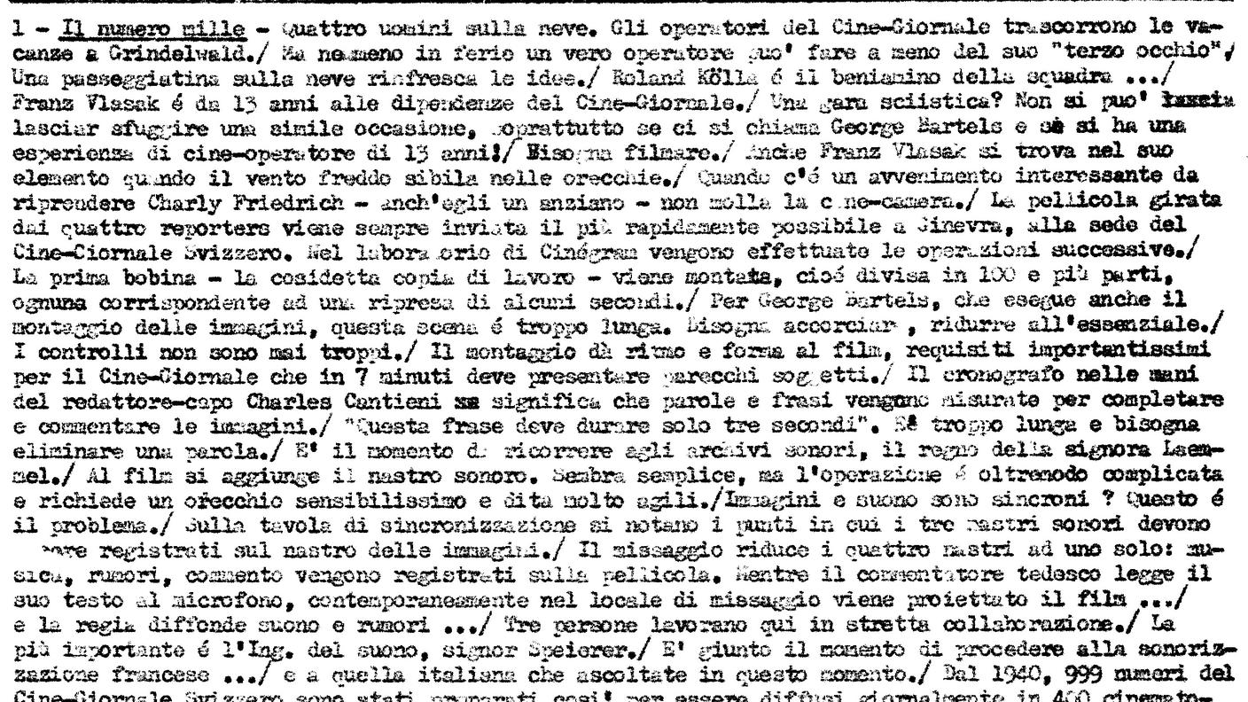 La scheda dattiloscritta dell'edizione n. 1000 del Cinegiornale svizzero in lingua italiana