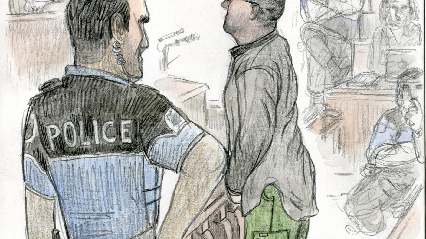 Un disegno che ritrae il 42enne imputato nell'ottobre 2016