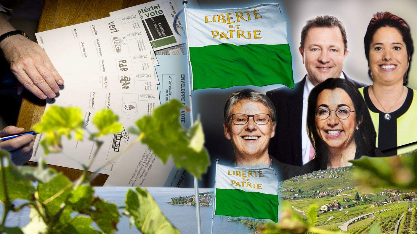 In lizza nel secondo turno delle cantonali nel canton Vaud: dall'alto, Jacques Nicolet (UDC) e Isabelle Chevalley (Verdi liberali), contro Béatrice Métraux (Verdi) e Cesla Amarelle (PS)