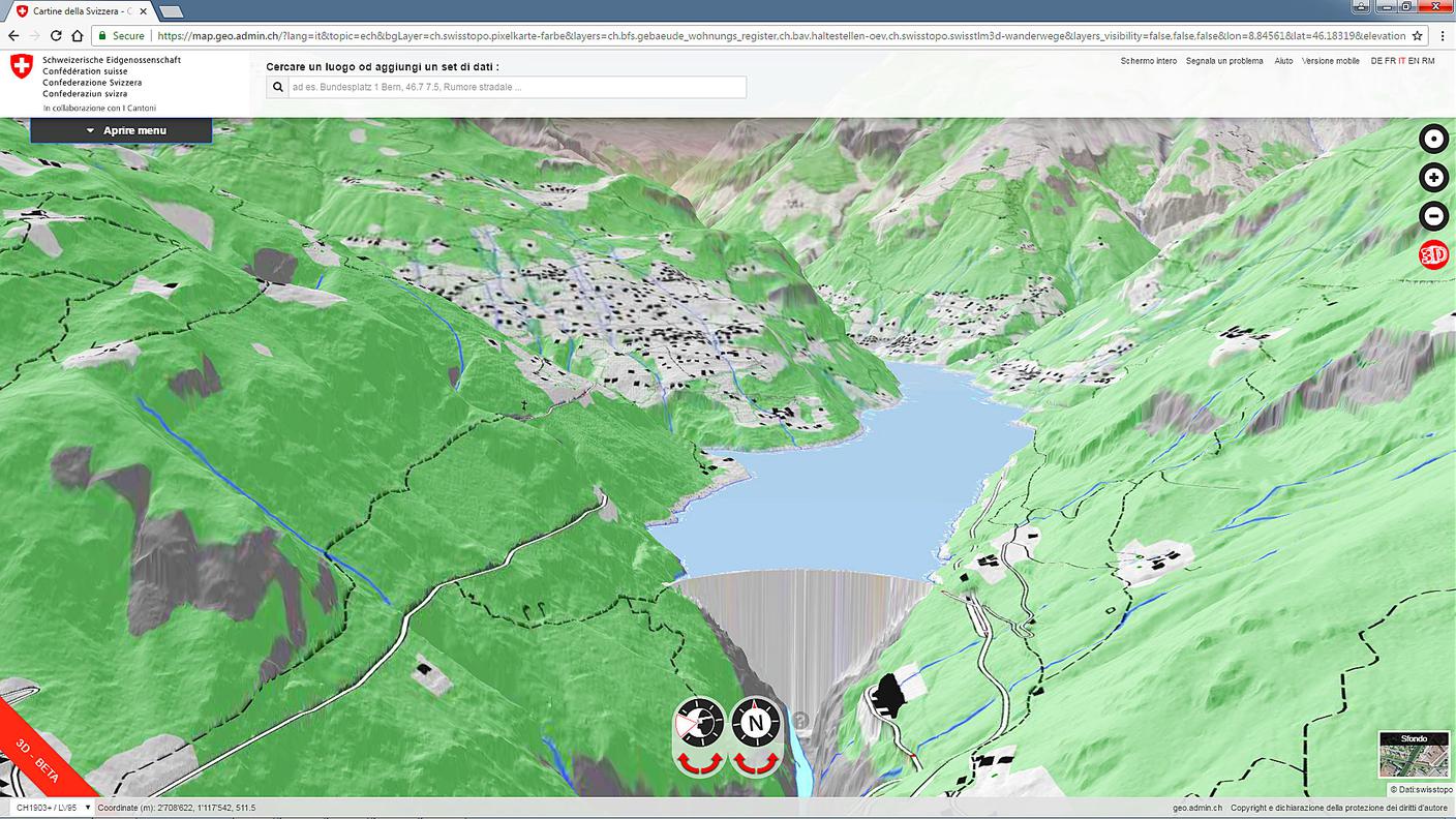 Il pulsante «3D» permette di volare tra le montagne con qualsiasi cartina, anche quelle storiche (nell'esempio, la diga della Verzasca)