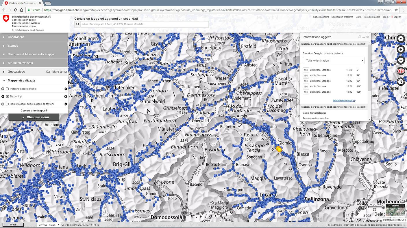 La carta tematica «stazioni tp» mostra dove sono le fermate (e gli orari) dei trasporti, in tutta la Svizzera