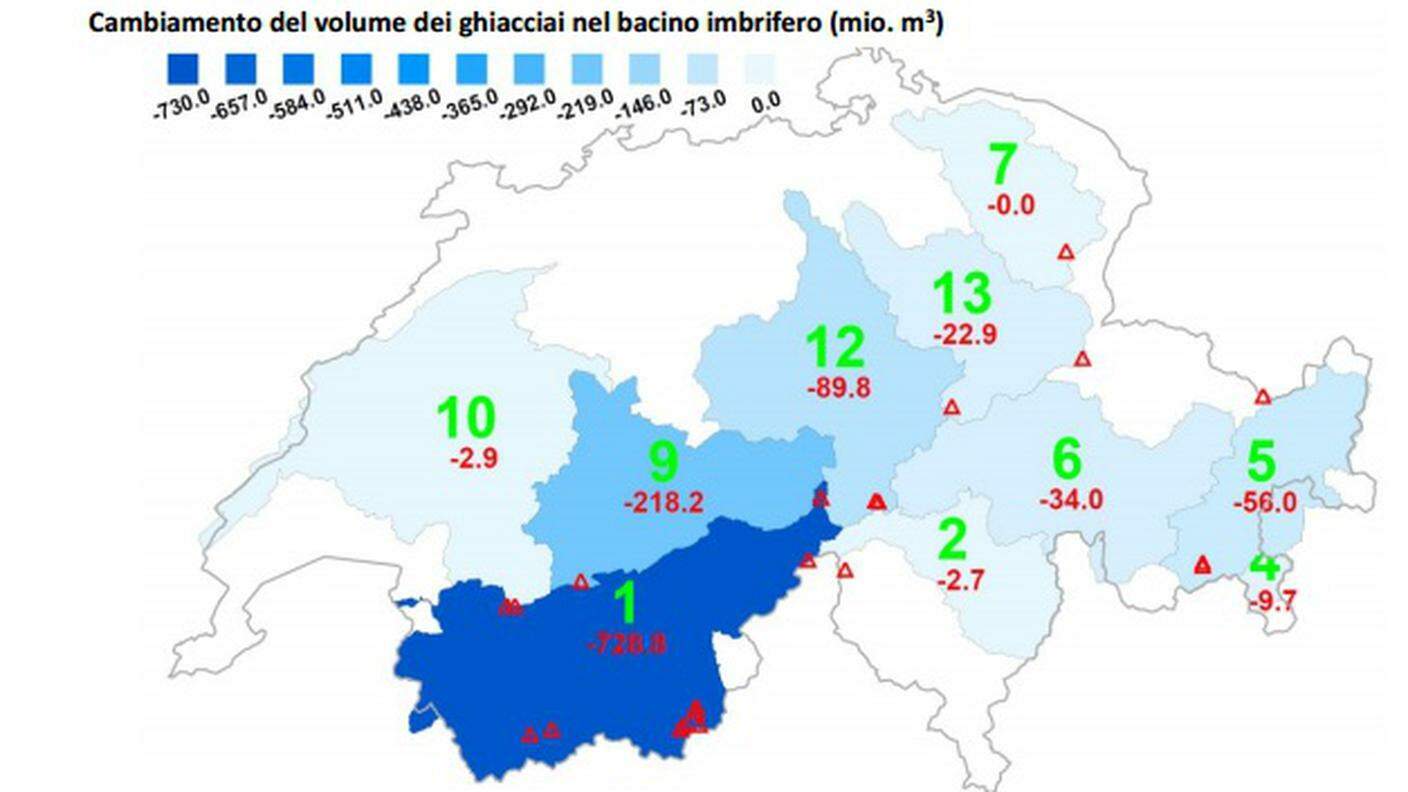 La perdita di volume dei ghiacciai svizzeri, in milioni di metri cubi, fra il 2014 e il 2015
