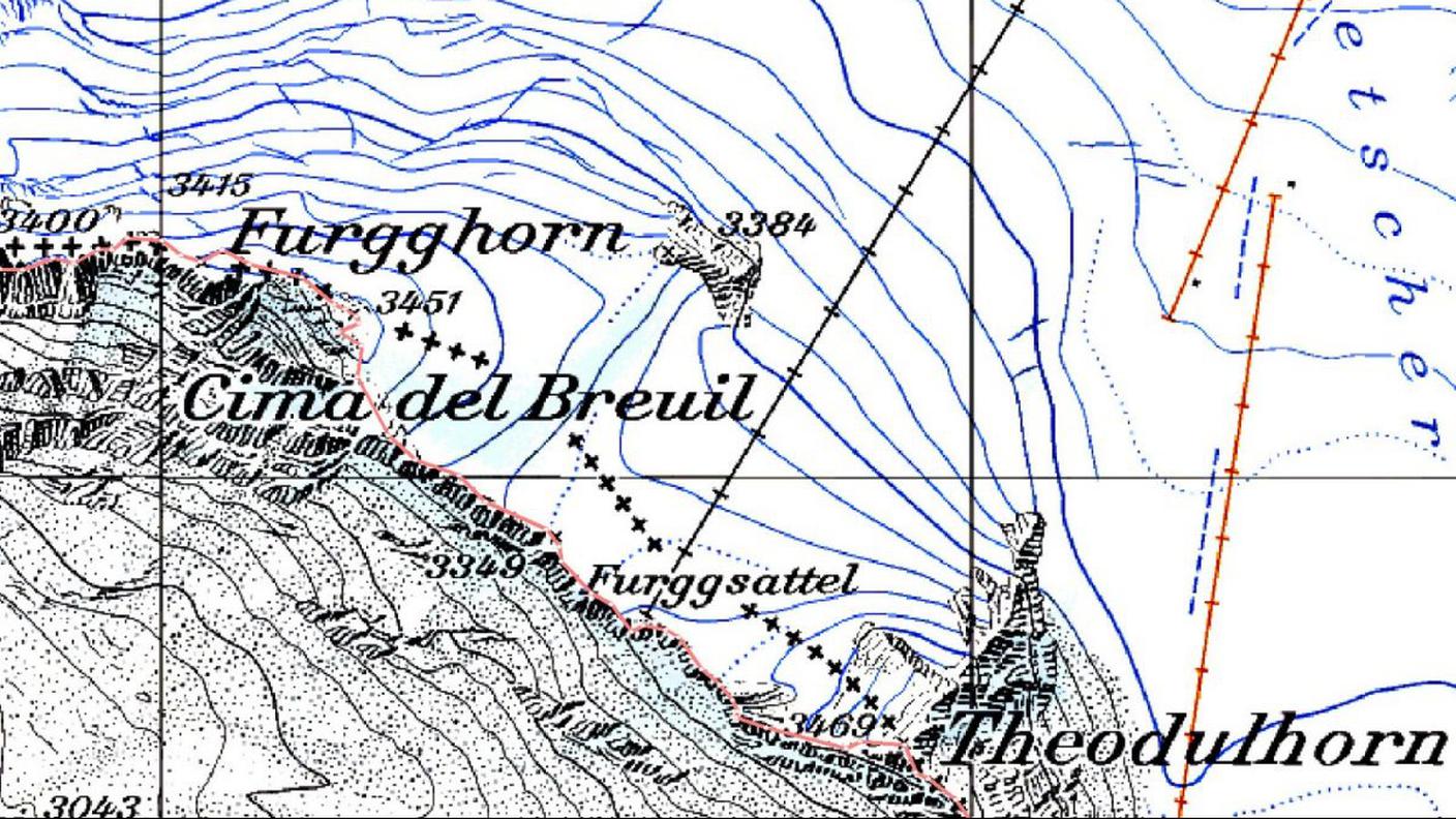 Lo scioglimento dei ghiacciai ha effetti anche sui confini nazionali. La linea di displuvio - che sui ghiacciai a quote molto elevate segna la frontiera - ha subito infatti spostamenti negli ultimi decenni. Qui il tratto di confine fra Svizzera e Italia sul Furggsattel, in Vallese. Le crocette indicano la frontiera nel 1940. In rosso, quella attuale. 