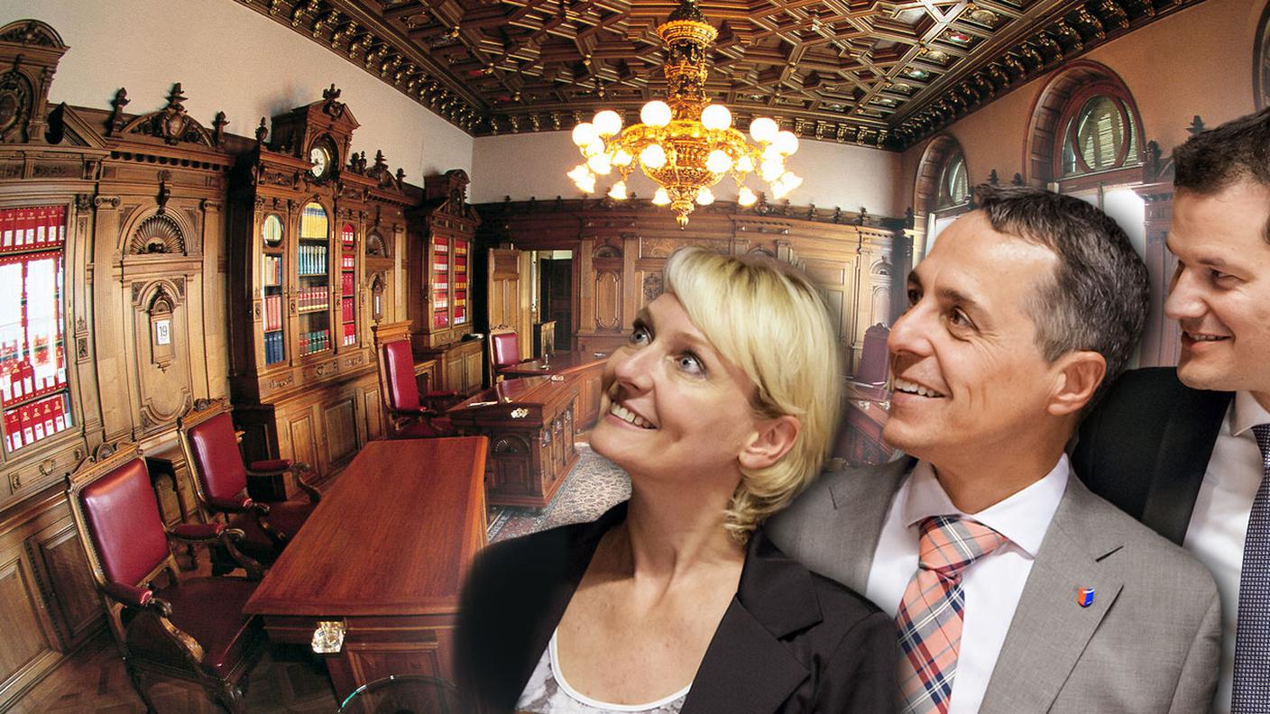 I tre candidati del PLR e... la sala che ospita le riunioni del Consiglio federale