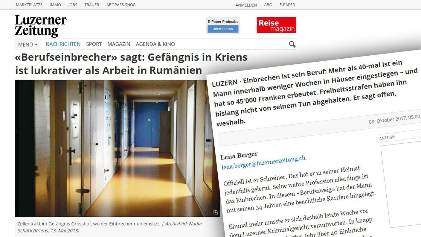 La pagina sul sito web della Luzerner Zeitung con l'articolo sul carcerato rumeno