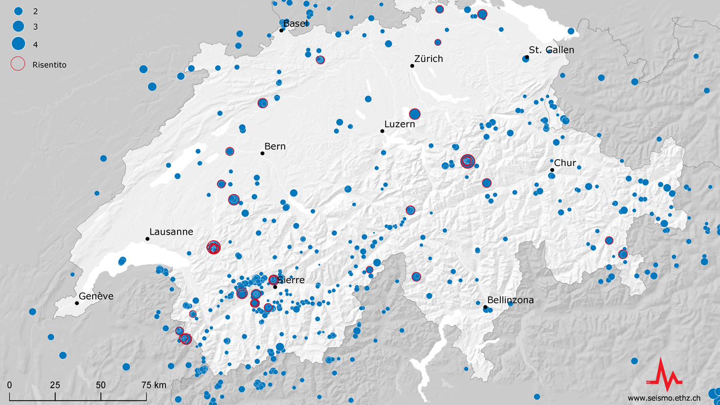 La mappa dei terremoti registrati in Svizzera