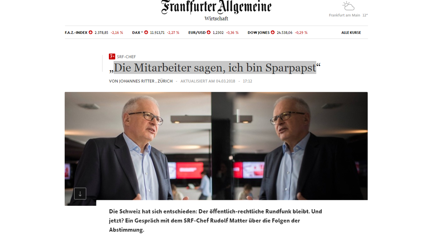 Frankfurter Allgemeine Zeitung ha pubblicato un'intervista al direttore di SRF, Rudolf Matter