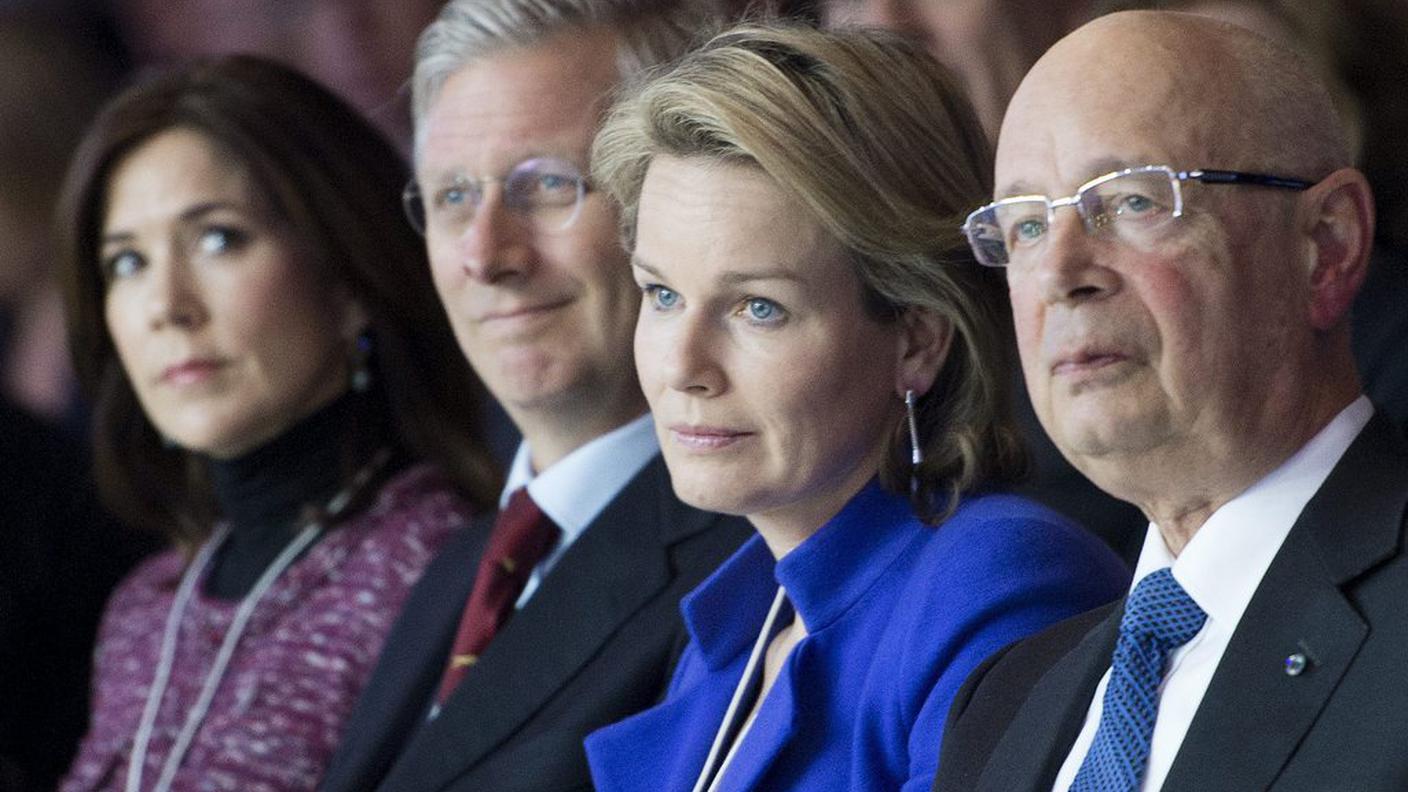 WEF From left, Crown Princess Mary of Denmark, Prince Philippe of Belgium, Crown Princess Mathilde of Belgium, and German Klaus Schwab, Founder and Executive Chairman of the World Economic Forum, ky.JPG