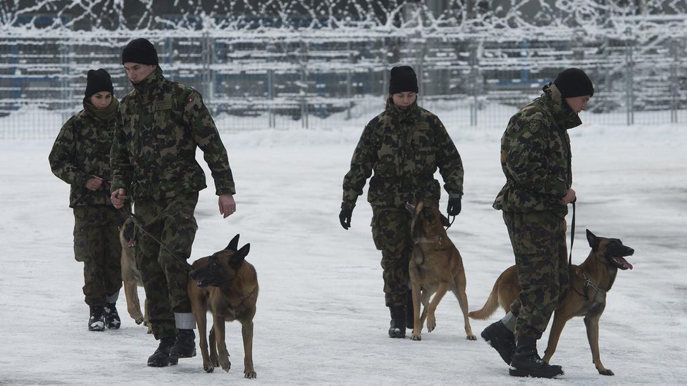 WEF Swiss army soldiers patrol with a dog, during a media visiting day from the Swiss army deployment Alpa Eco Tredici, ky.JPG