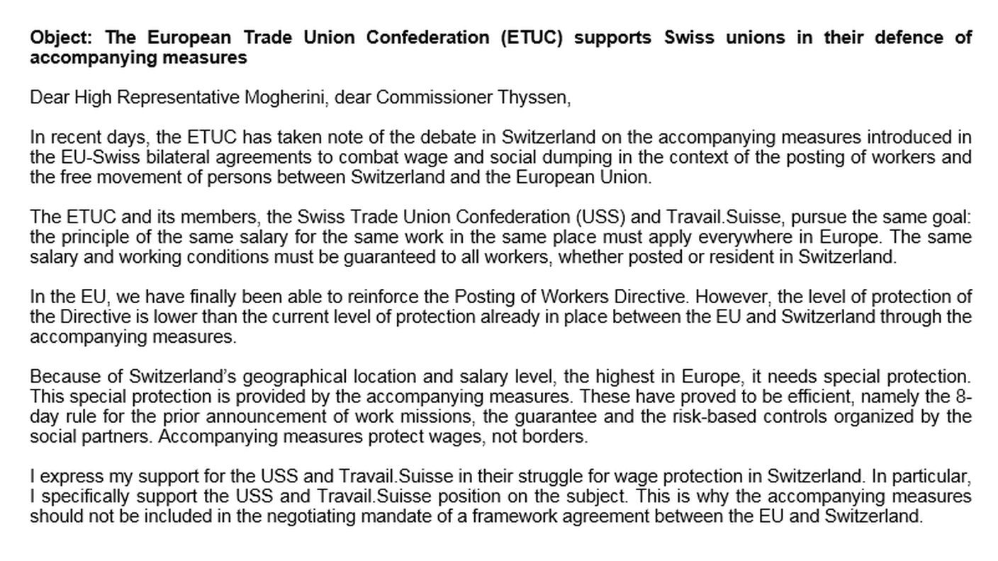 La lettera della Confederazione europea dei sindacati