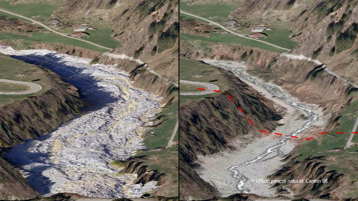 Colata detritica e modifica del corso del fiume Aare nel Comune di Guttannen (2011 / 2009)