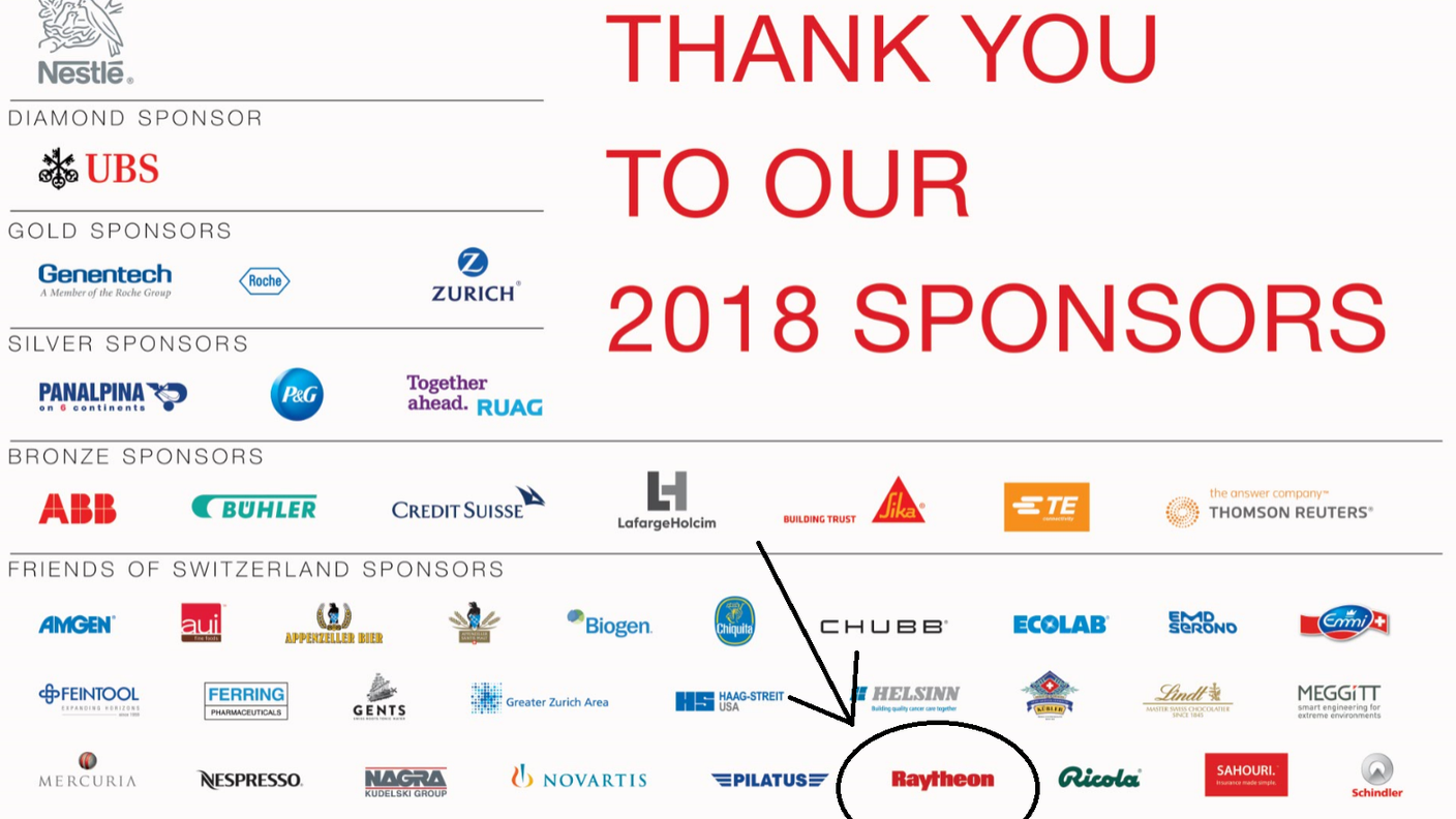 La locandina della Soirée Suisse 2018 con il logo della Raytheon