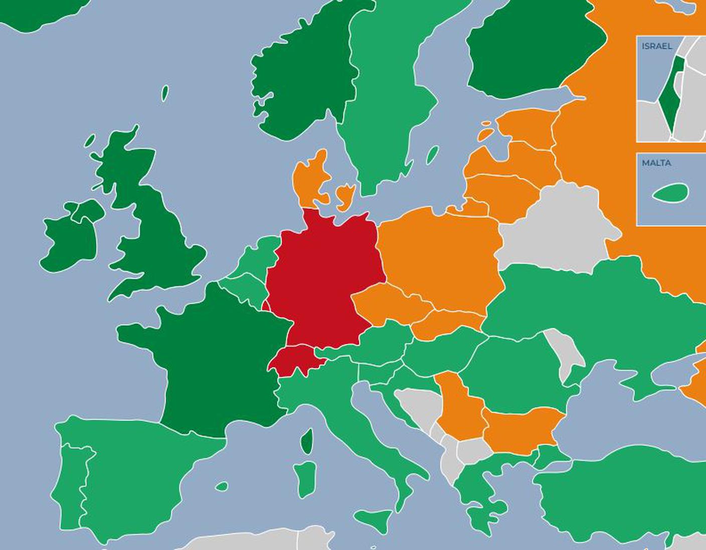 Svizzera e Germania rosse al centro dell'Europa
