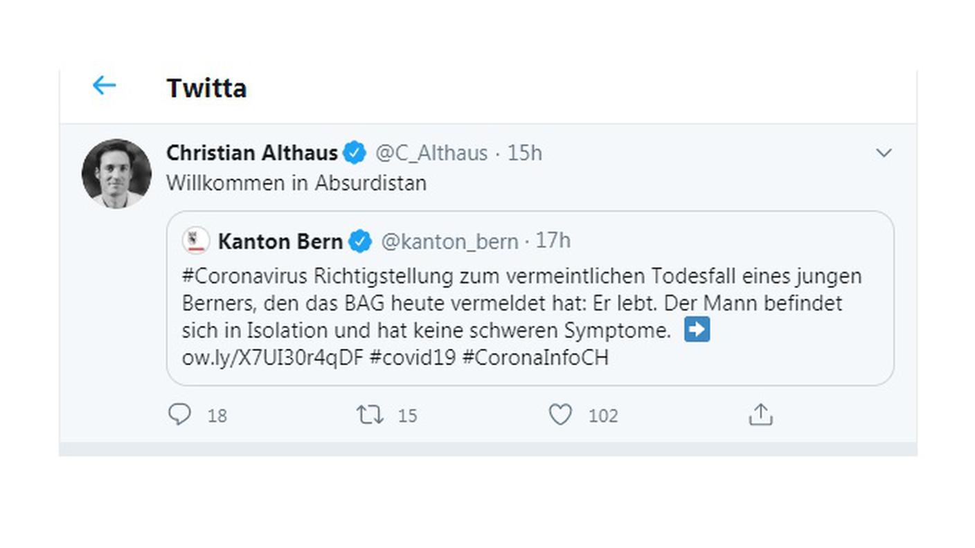 Il post di Christian Althaus, membro della task force federale Covid-19
