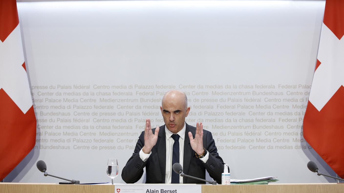 Alain Berset in un momento della conferenza stampa odierna del Consiglio federale