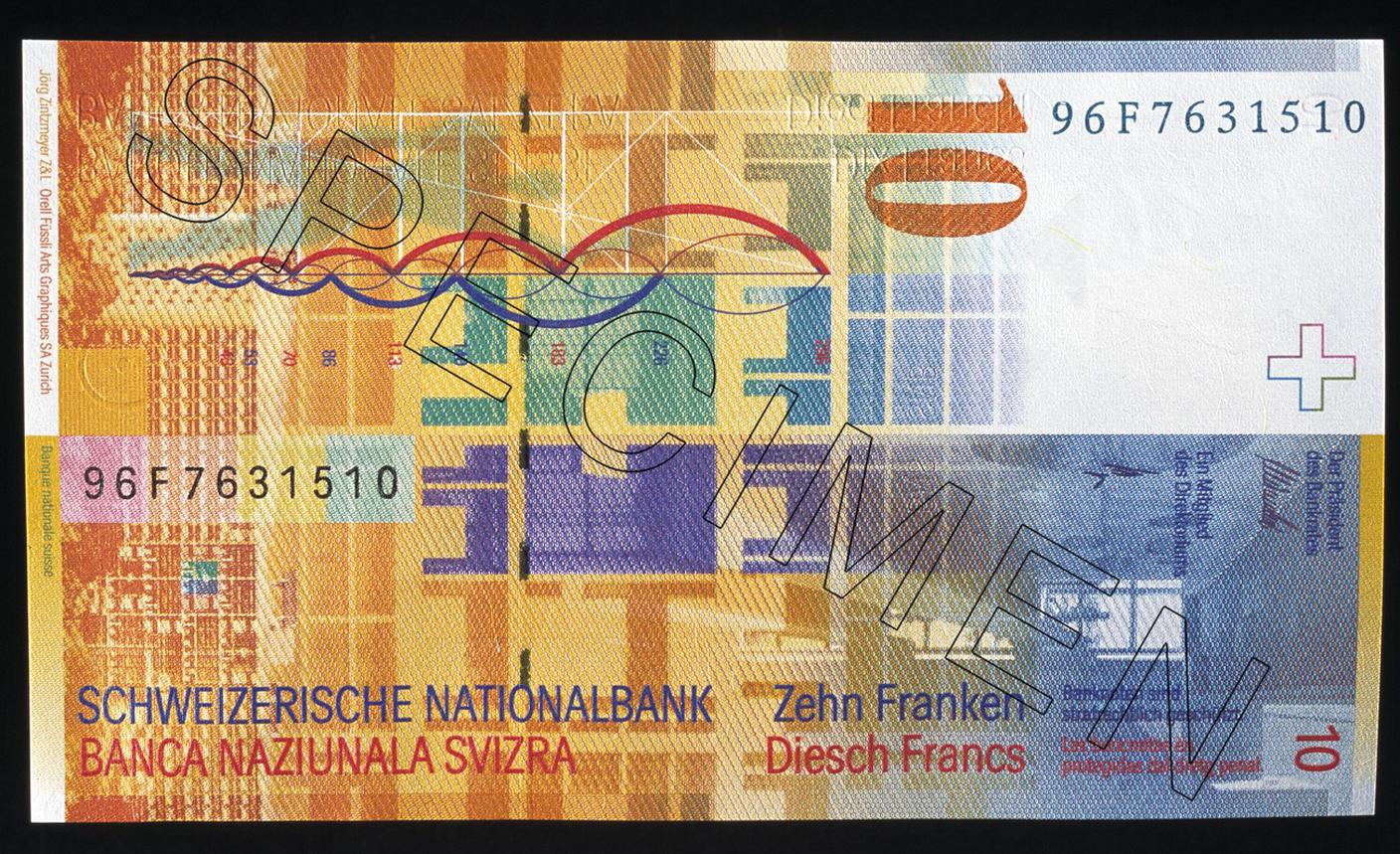 Il verso della banconota da 10 franchi svizzeri della ottava serie con rappresentati il palazzo di giustizia a Chandigarh, la facciata della segreteria; il "Modulor" e Il palazzo della segreteria