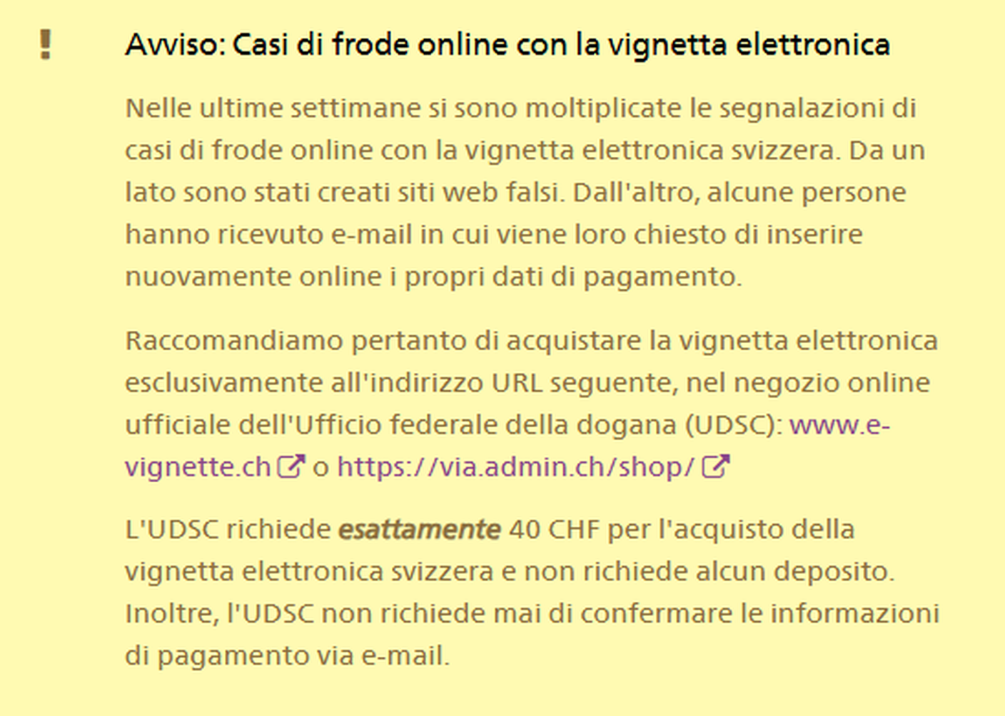 L'avviso che appare sul sito dell'UDSC