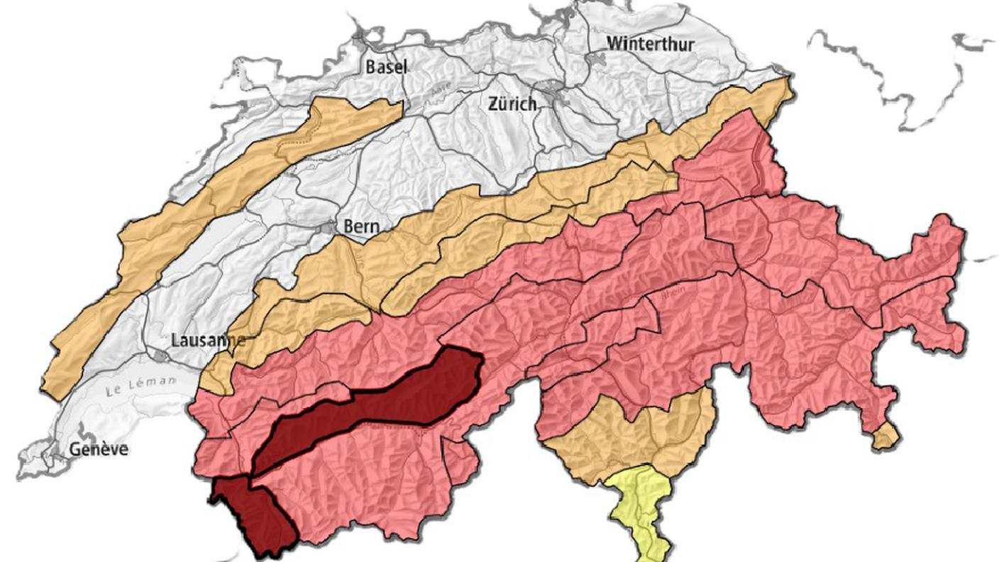 La mappa con il pericolo di valanghe in Svizzera