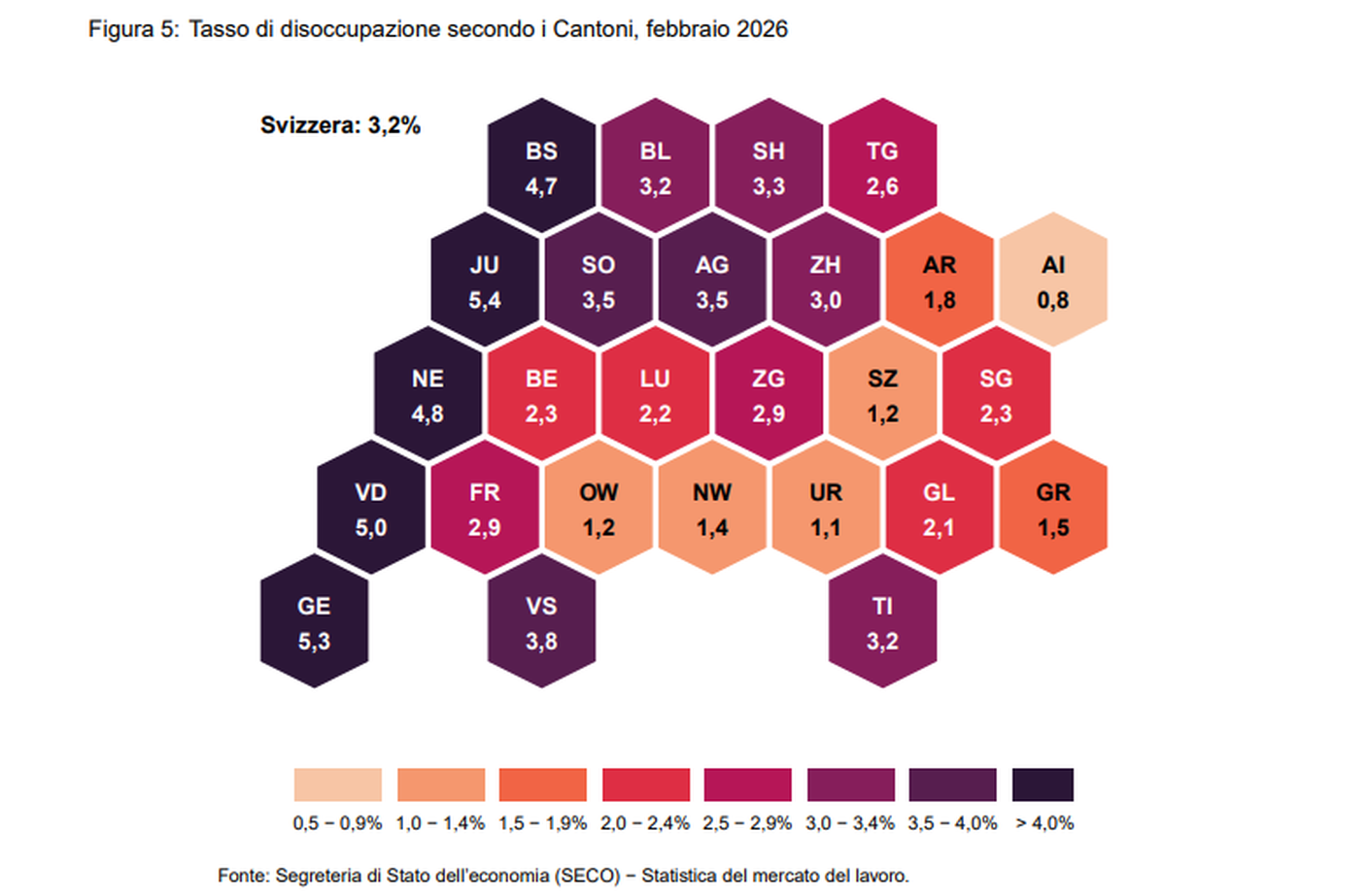 Tasso di disoccupazione secondo i Cantoni, febbraio 2026