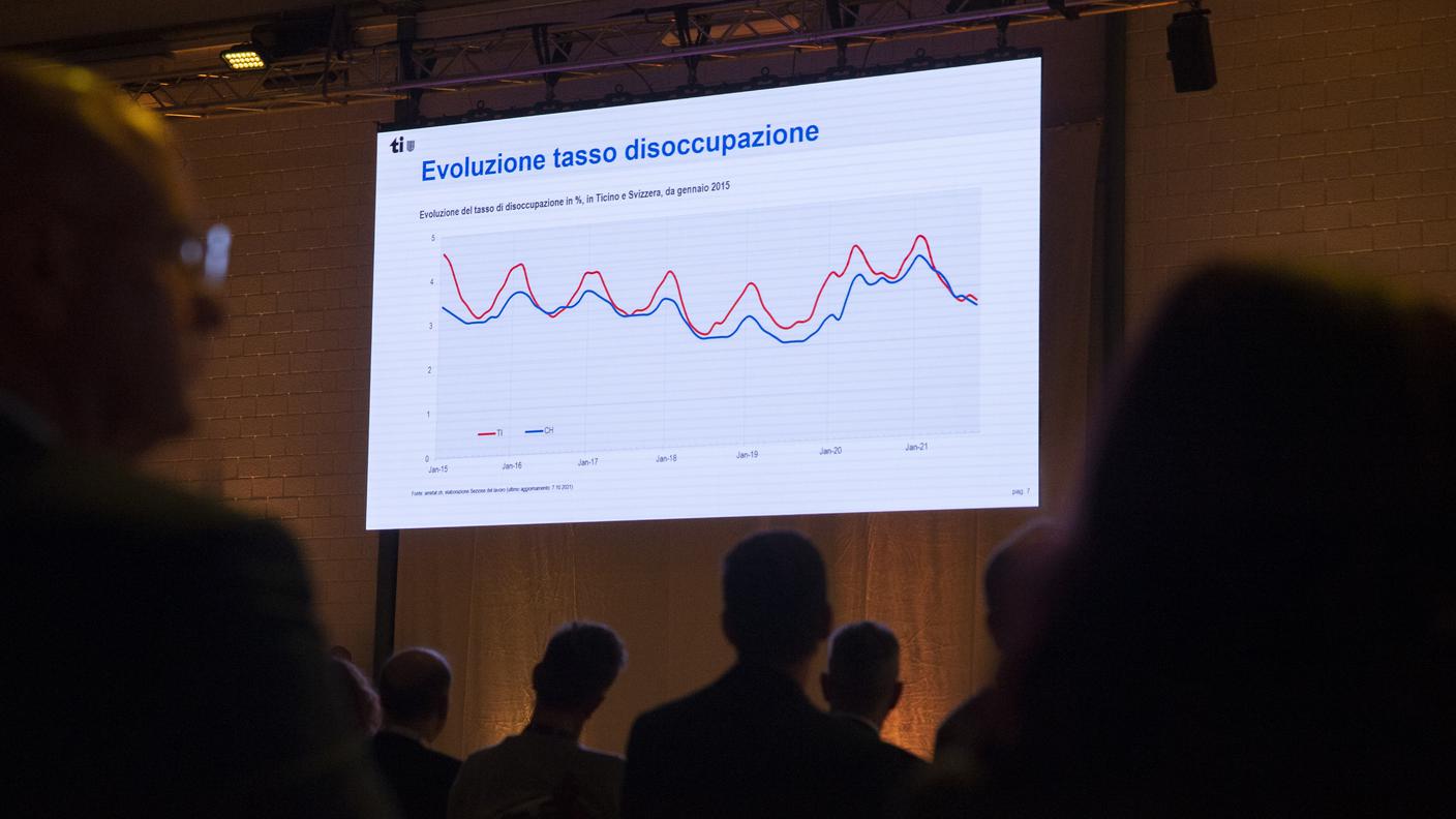 Bellinzona: Assemblea Generale Ordinaria Cc-Ti. Nella foto una slide concernente l'andamento del tasso di disoccupazione.