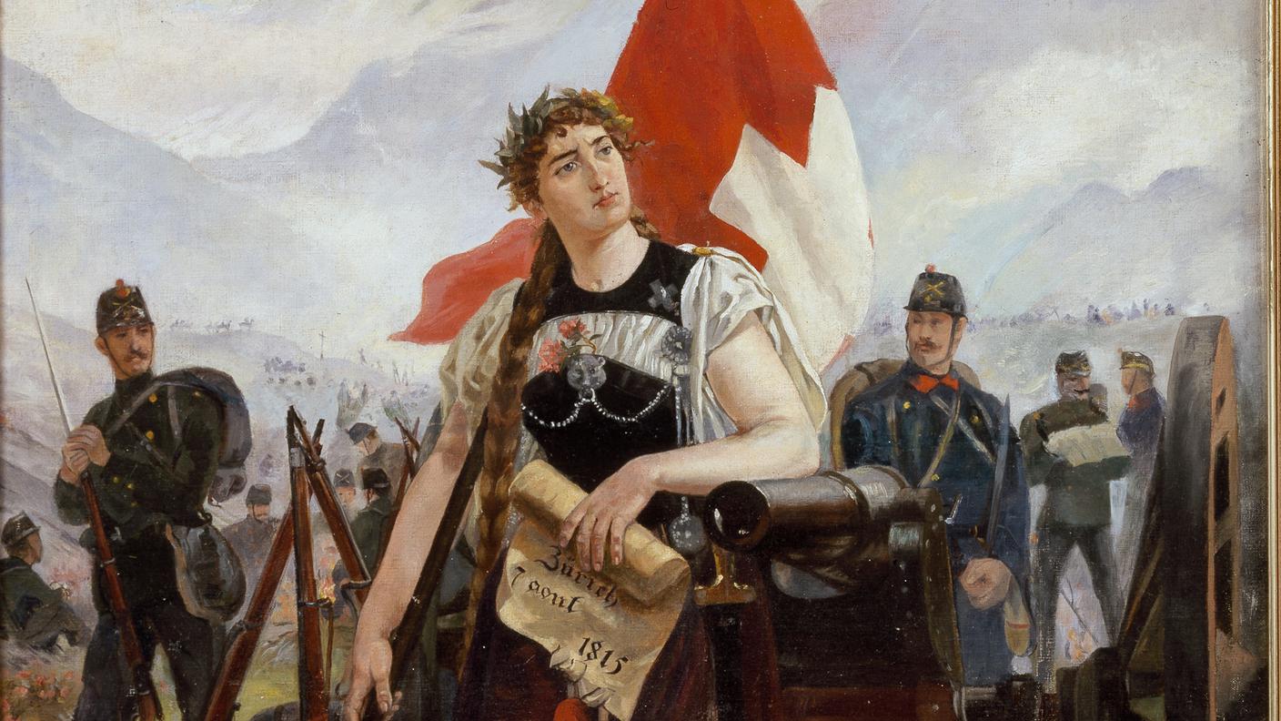 Edouard Castres, "La Svizzera pronta a difendersi" del 1895. Un’irriducibile Helvetia regge in mano il Patto federale del 7 agosto 1815 appoggiata alla canna di un cannone