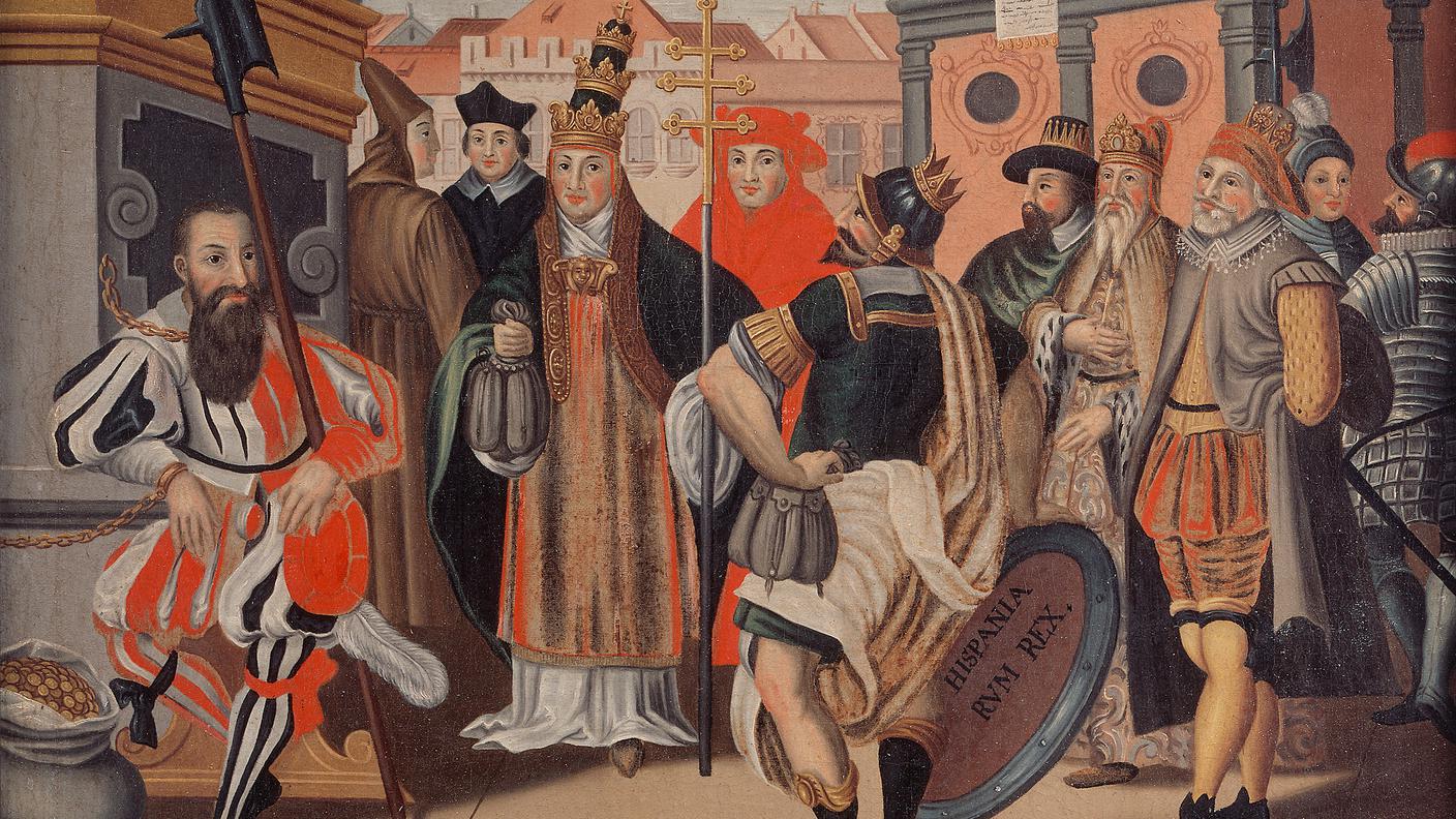 L'allegoria denuncia l’avidità nel servizio mercenario e allude alle dipendenze politiche della Confederazione. Anonimo, ca. 1625