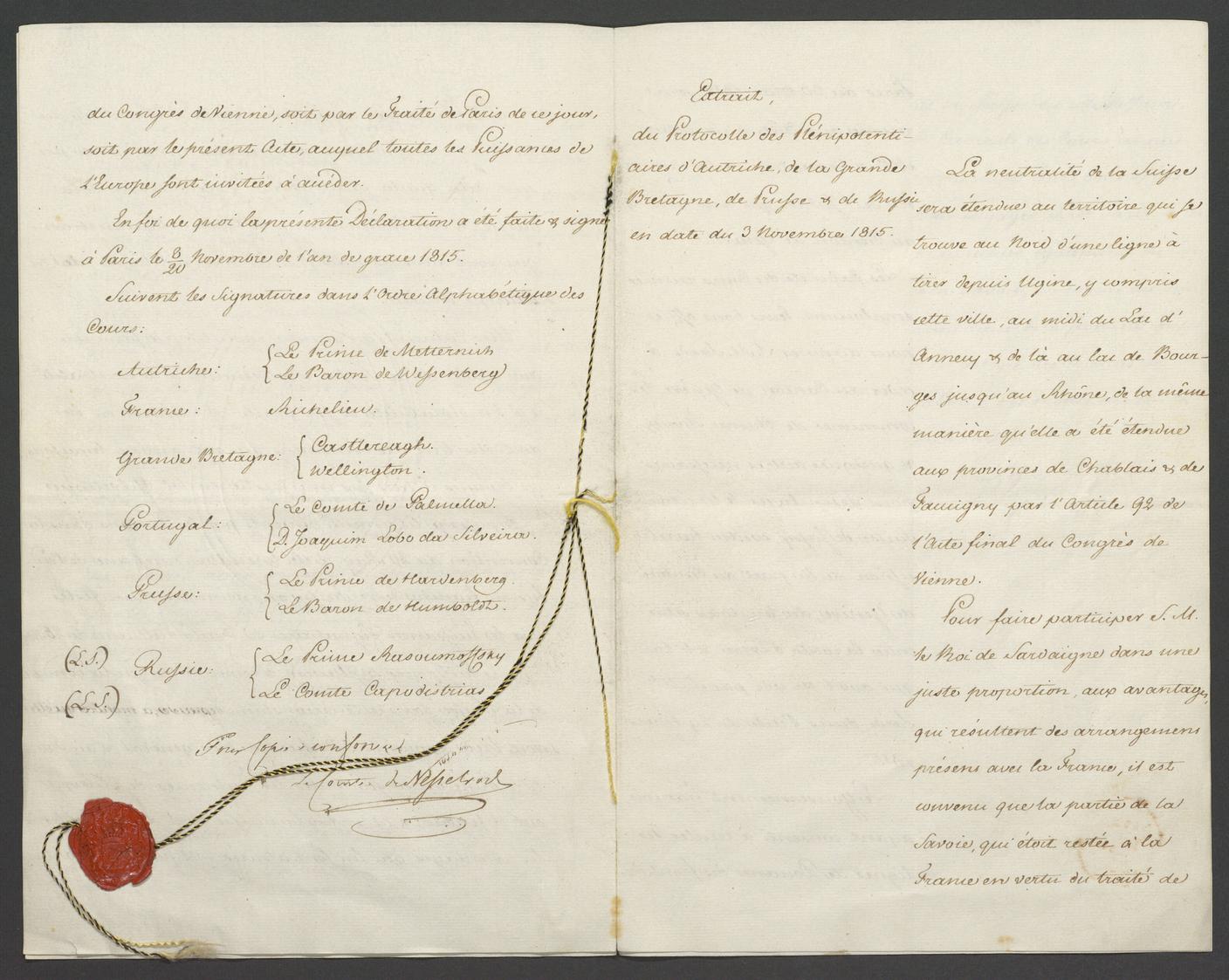 Riconoscimento e garanzia della neutralità perpetua della Svizzera e dell'inviolabilità del suo territorio da parte delle potenze alleate, 8/20 novembre 1815