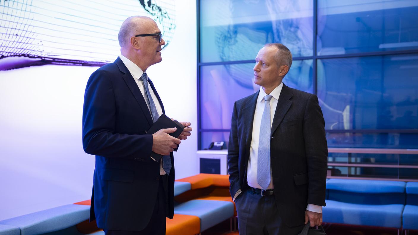 Il consigliere federale capo del  Dipartimento federale della difesa, della protezione della popolazione e dello sport Martin Pfister e il Segretario di Stato della politica di sicurezza Markus Mäder