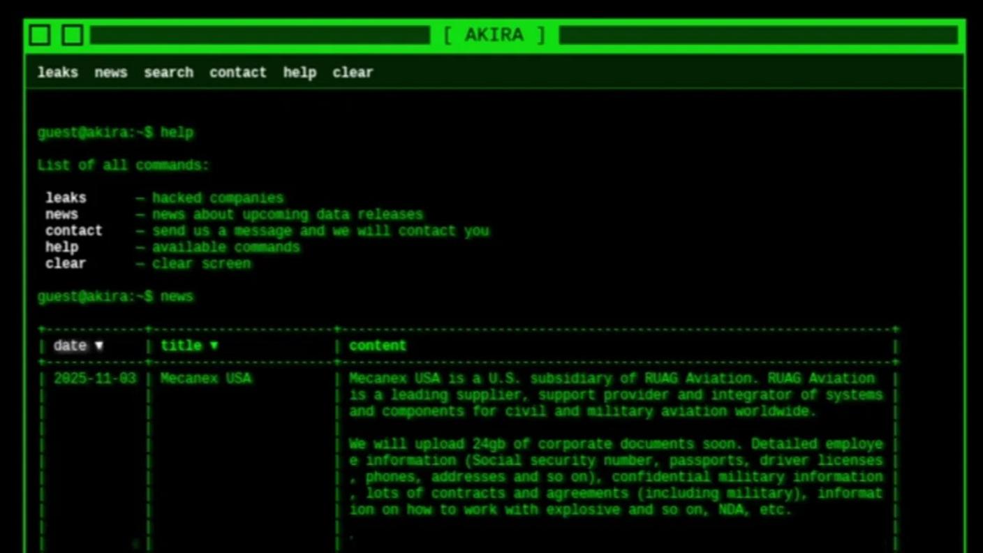 Nel novembre 2025 Akira annunciava nel darknet la pubblicazione dei dati della filiale della Ruag