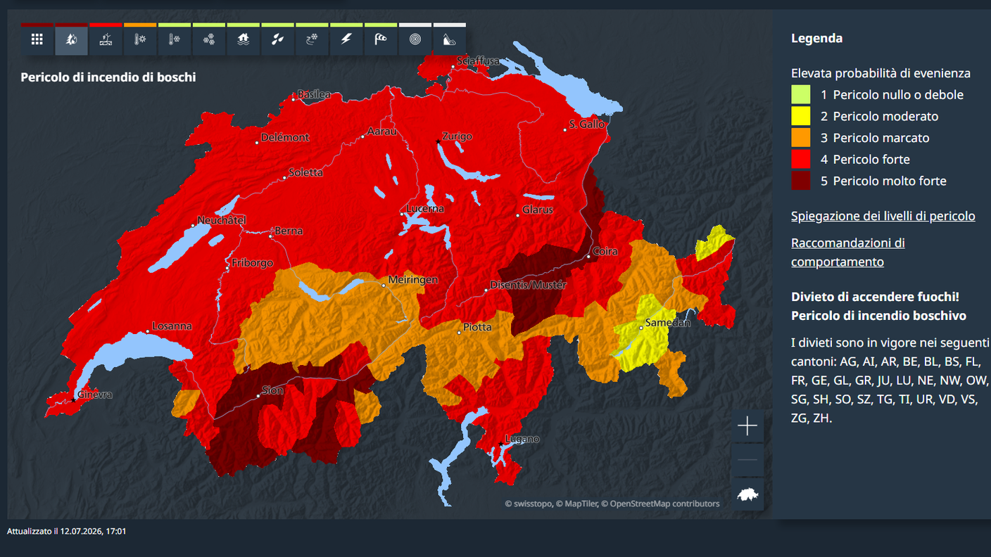 L'attuale situazione per il pericolo di incendi nella Confederazione
