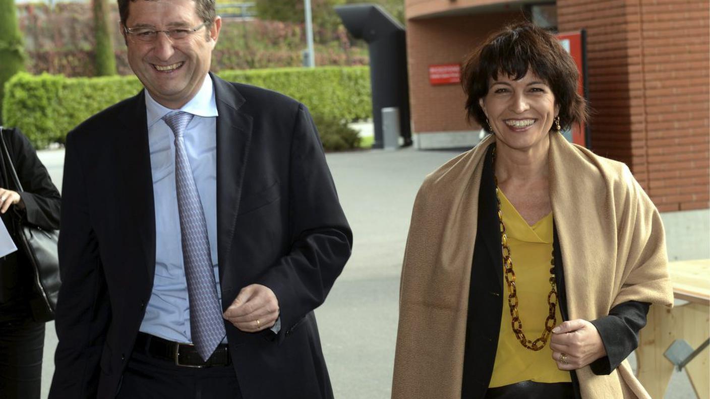 Il presidente del Governo ticinese Paolo Beltraminelli e la consigliera federale Doris Leuthard oggi a Tenero