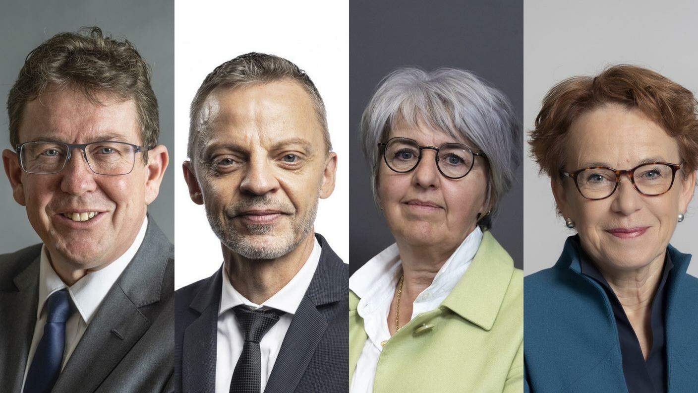 Quattro personalità in campo per due seggi in Governo: Albert Rösti, Hans-Ueli Vogt, Elisabeth Baume-Schneider ed Eva Herzog