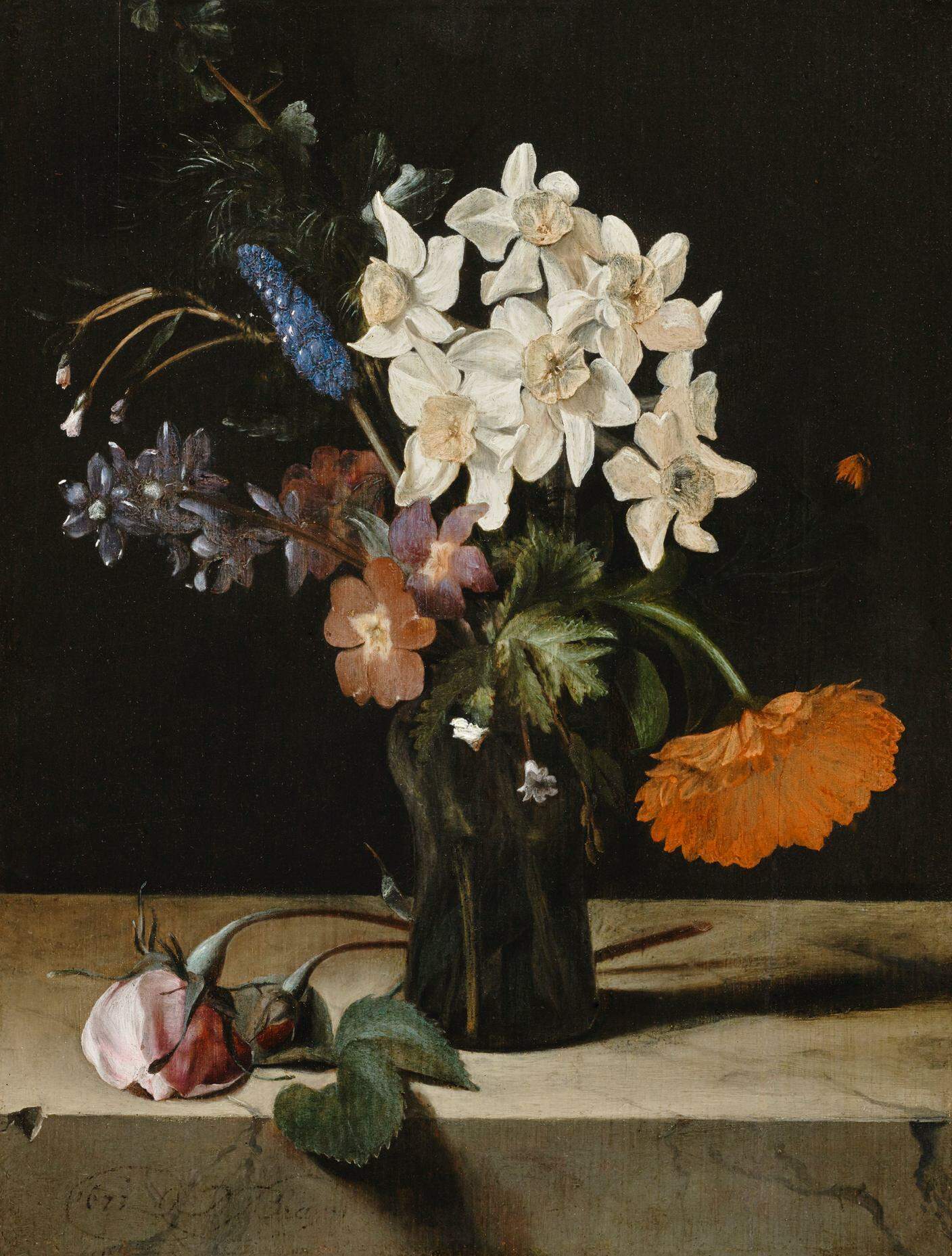 "Narzissen und andere Blumen in Glasvase auf einer Marmorplatte" di Dirck de Bray