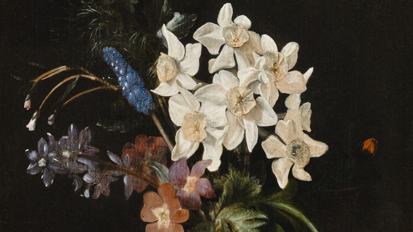 "Narzissen und andere Blumen in Glasvase auf einer Marmorplatte" di Dirck de Bray