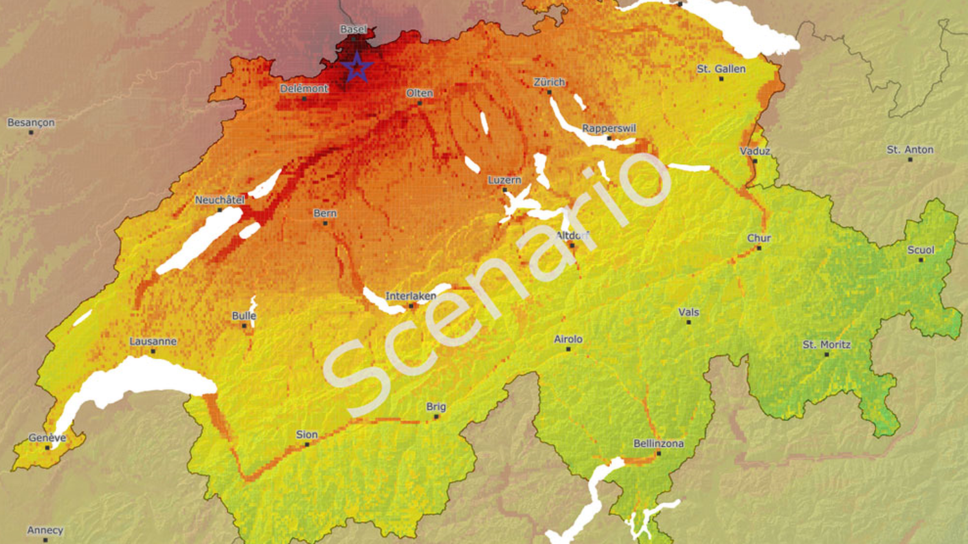 Nella rappresentazione grafica, la simulazione di un possibile terremoto con magnitudo 6,6, nei pressi di Basilea