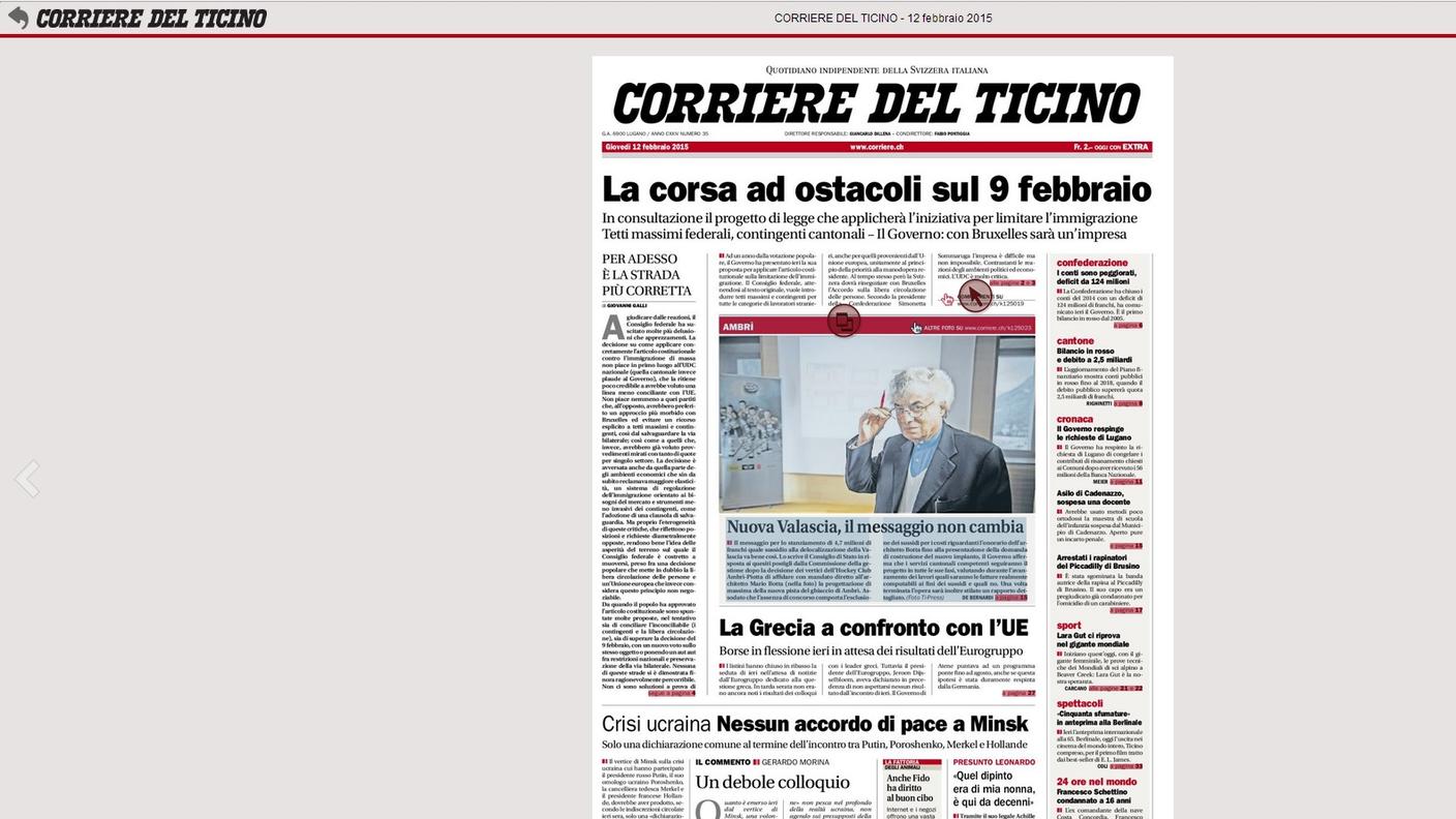 La prima pagina del Corriere del Ticino